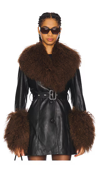 Mimi Leather Coat With Fur Trim in Black & Brown | Revolve Clothing (Global)