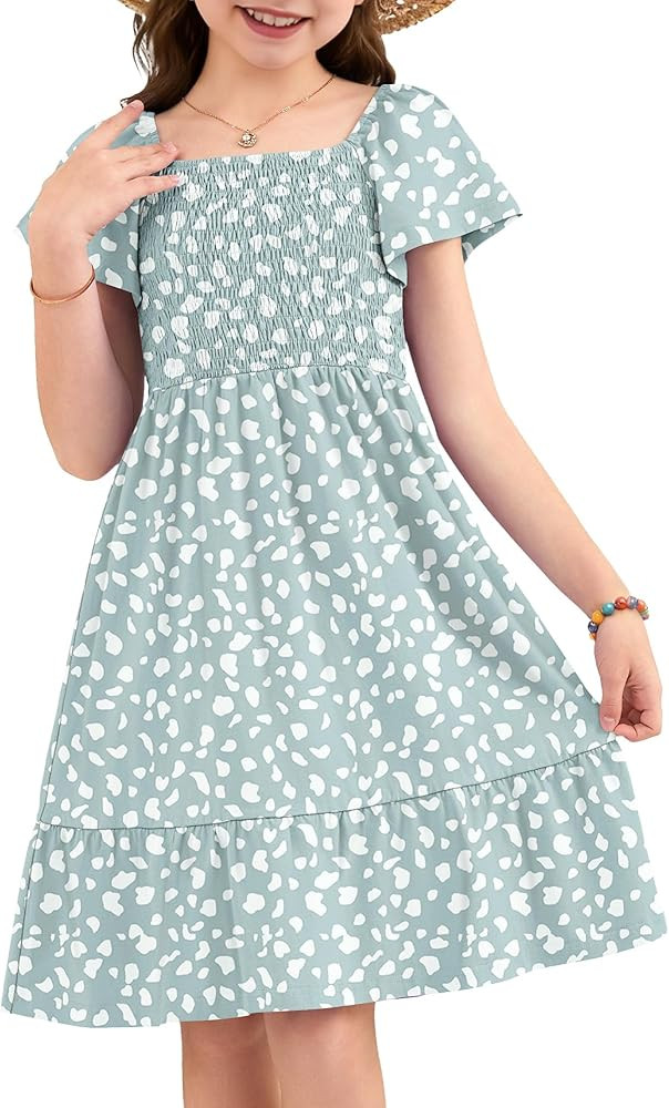 Girl's Summer Smocked Flowy Dress Casual Kids Square Neck Elastic Waist Tiered Hem Midi Dresses 2... | Amazon (US)