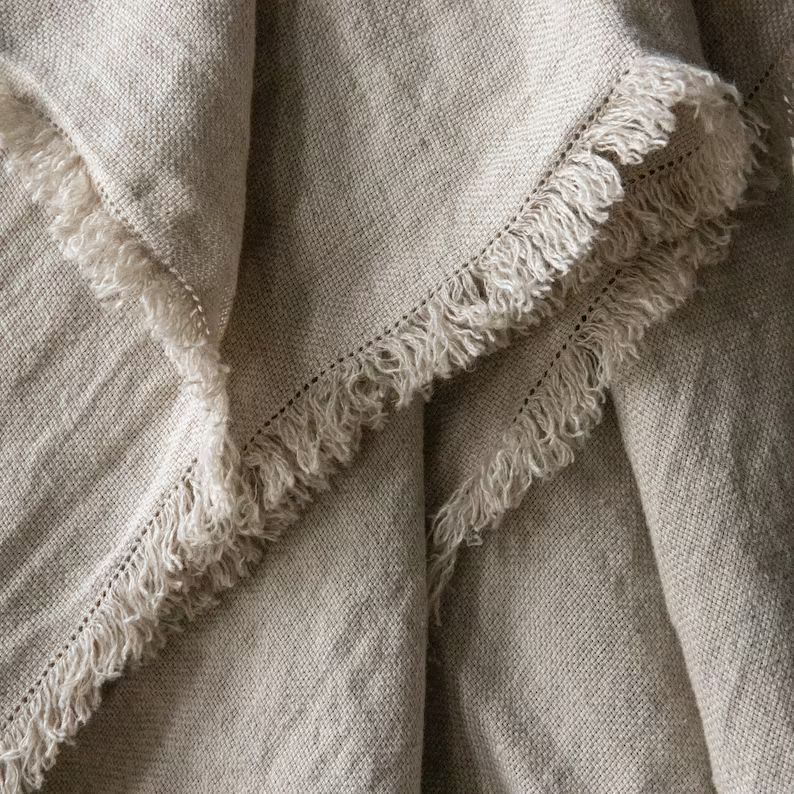 Linen Throw Blanket in Natural. Basket weave linen fringed | Etsy | Etsy (US)