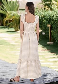 chouyatou Women's Retro Plaid Smocked Dress Spaghetti Strap Flounce Long Dress | Amazon (US)