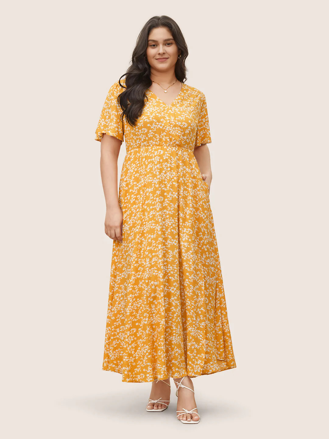 Bloom Dress - Flutter Sleeve Ditsy Floral Pocket Split Maxi Dress | Bloomchic