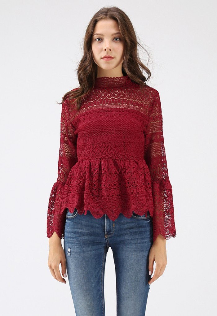 Madly in Love Full Crochet Peplum Top in Wine | Chicwish
