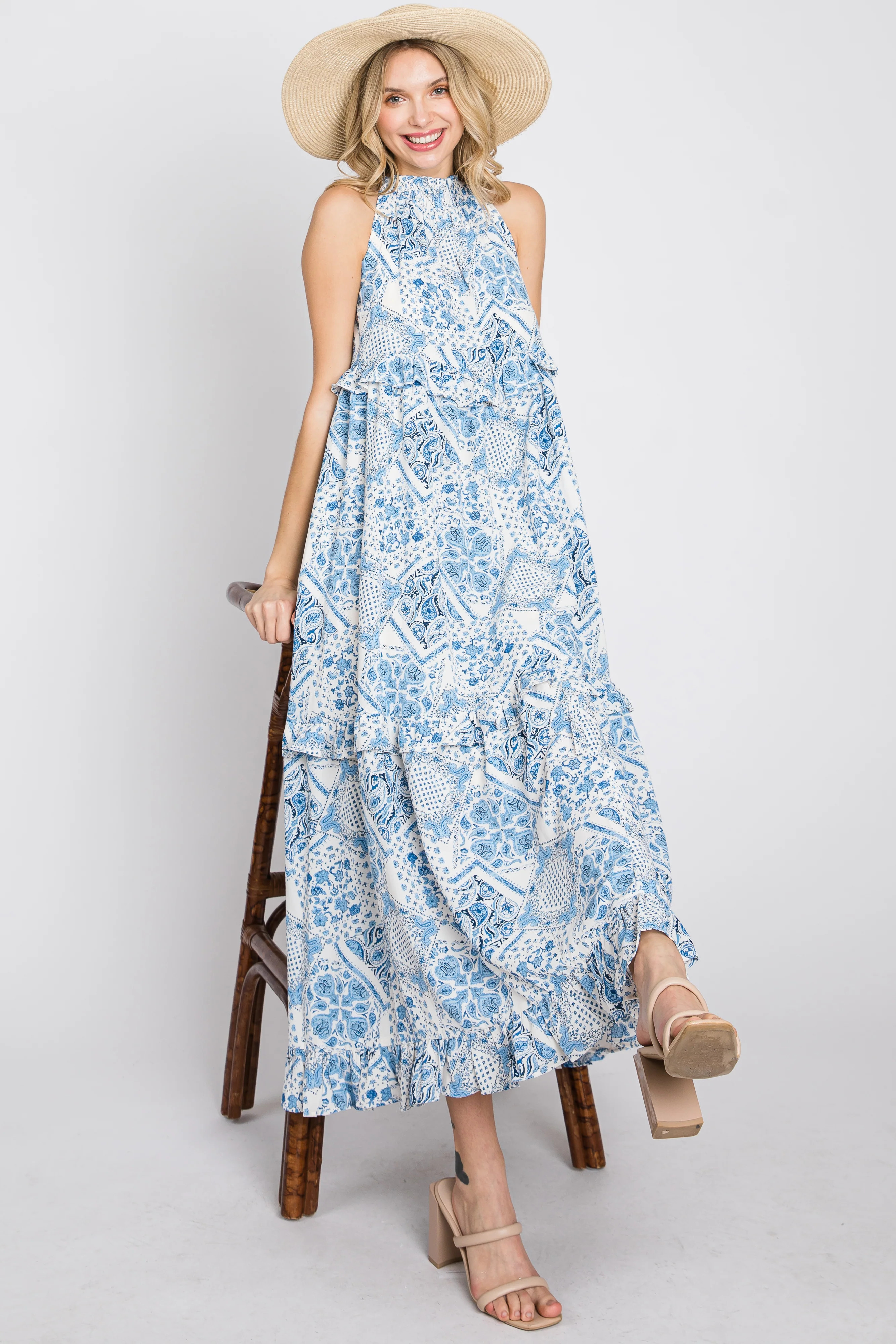 Blue Floral Paisley Print Tiered Maxi Dress | PinkBlush Maternity