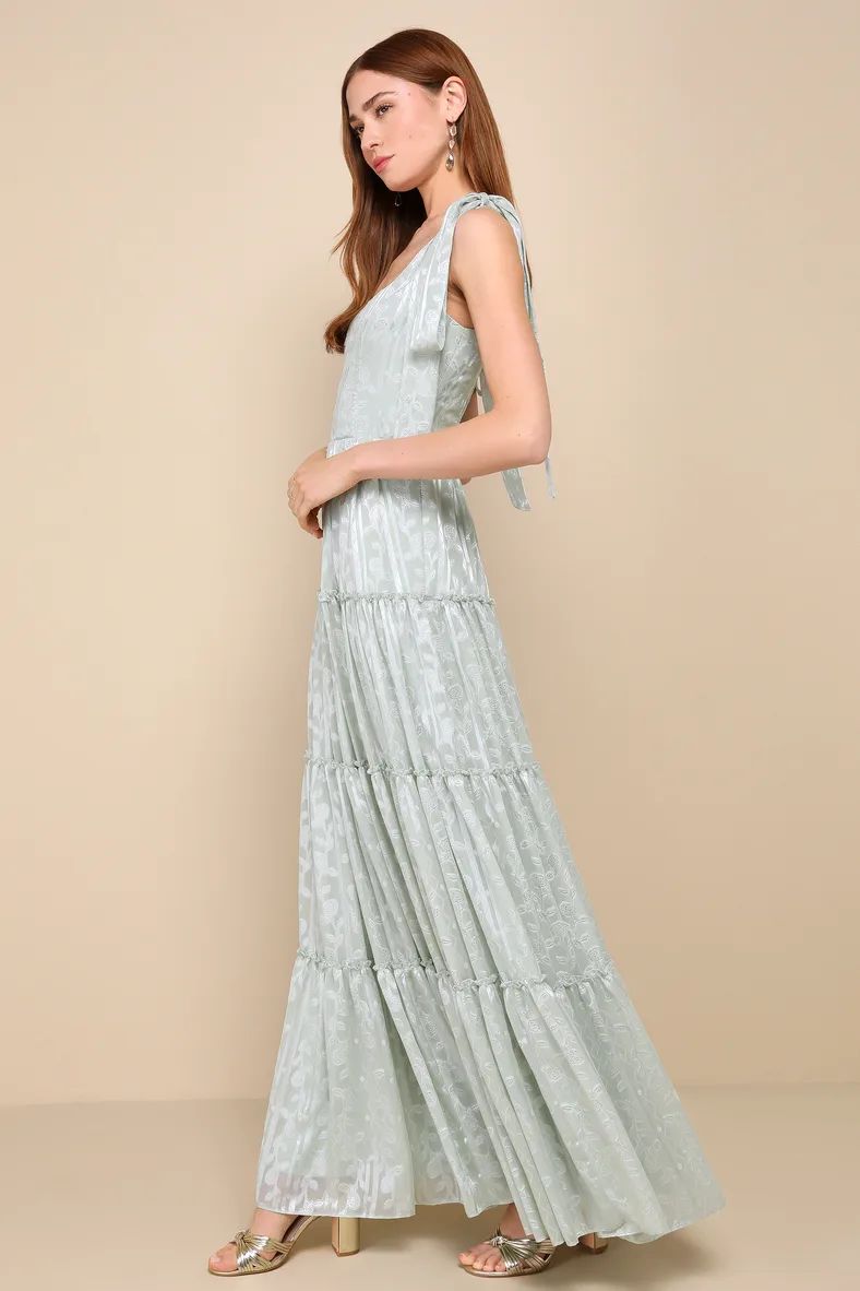 Picturesque Allure Sage Green Jacquard Tie-Strap Maxi Dress | Lulus