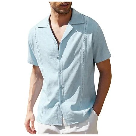 Mens Cotton Linen Shirt Solid Color Cuban Camp Guayabera Shirts Casual Short Sleeve Shirt Solid Tops | Walmart (US)