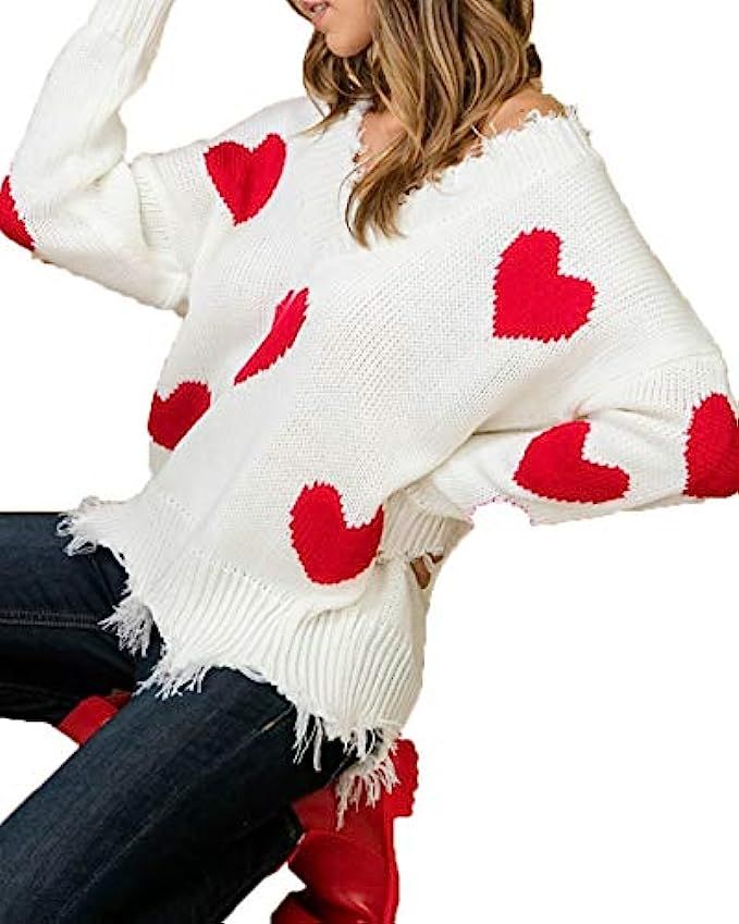 HZSONNE Womem Ripped Tassel High Low Hem V Neck One Shoulder Valentine Sweater Pullover Knitwear Jum | Amazon (US)