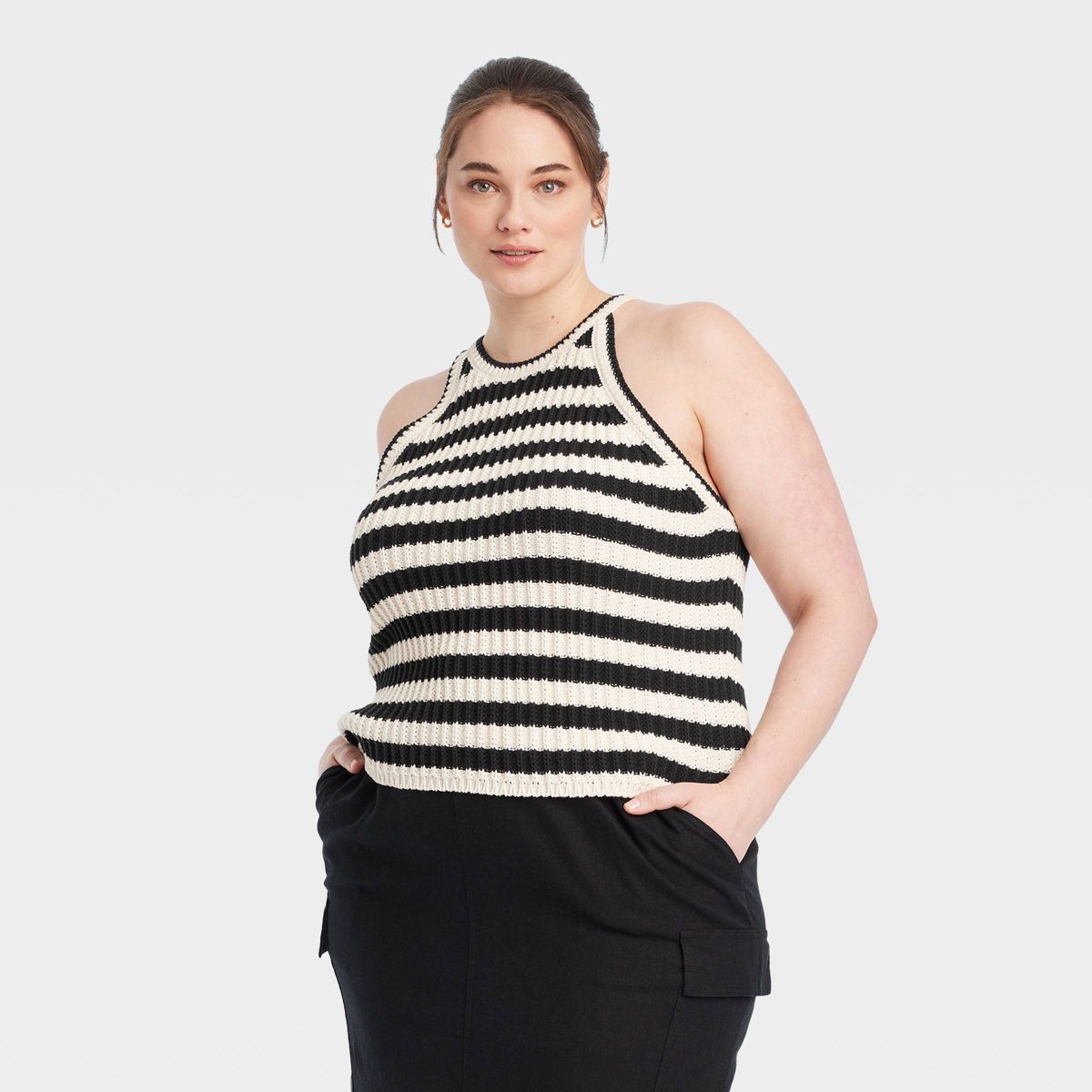 Women's Halter Neck Pullover Sweater - A New Day™ Cream/Black Striped XXL | Target
