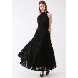 Dancing Feathers Tassel Halter Neck Maxi Dress in Black | Chicwish