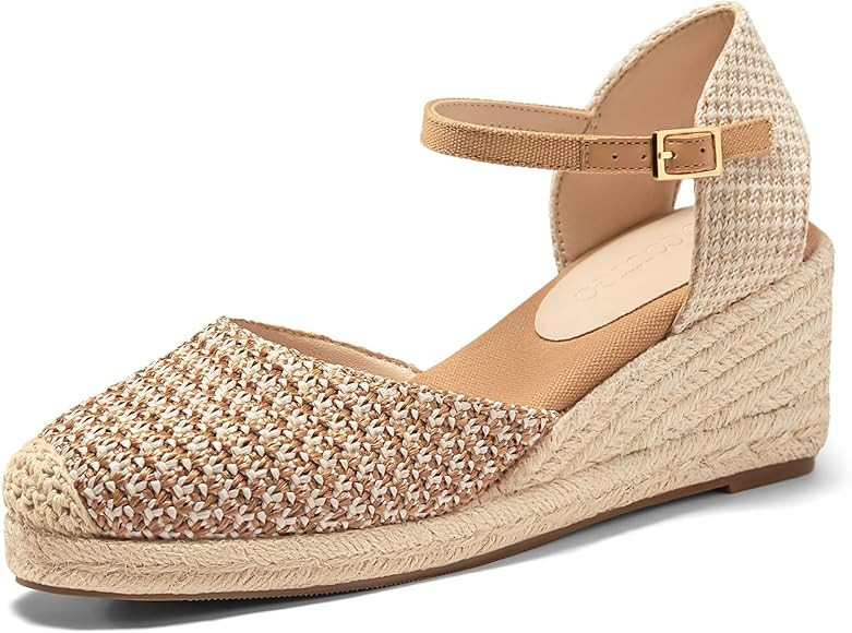 Coutgo Womens Platform Wedge Sandals Espadrilles Raffia Closed Toe Heels Ankle Buckle Strap Summe... | Amazon (US)