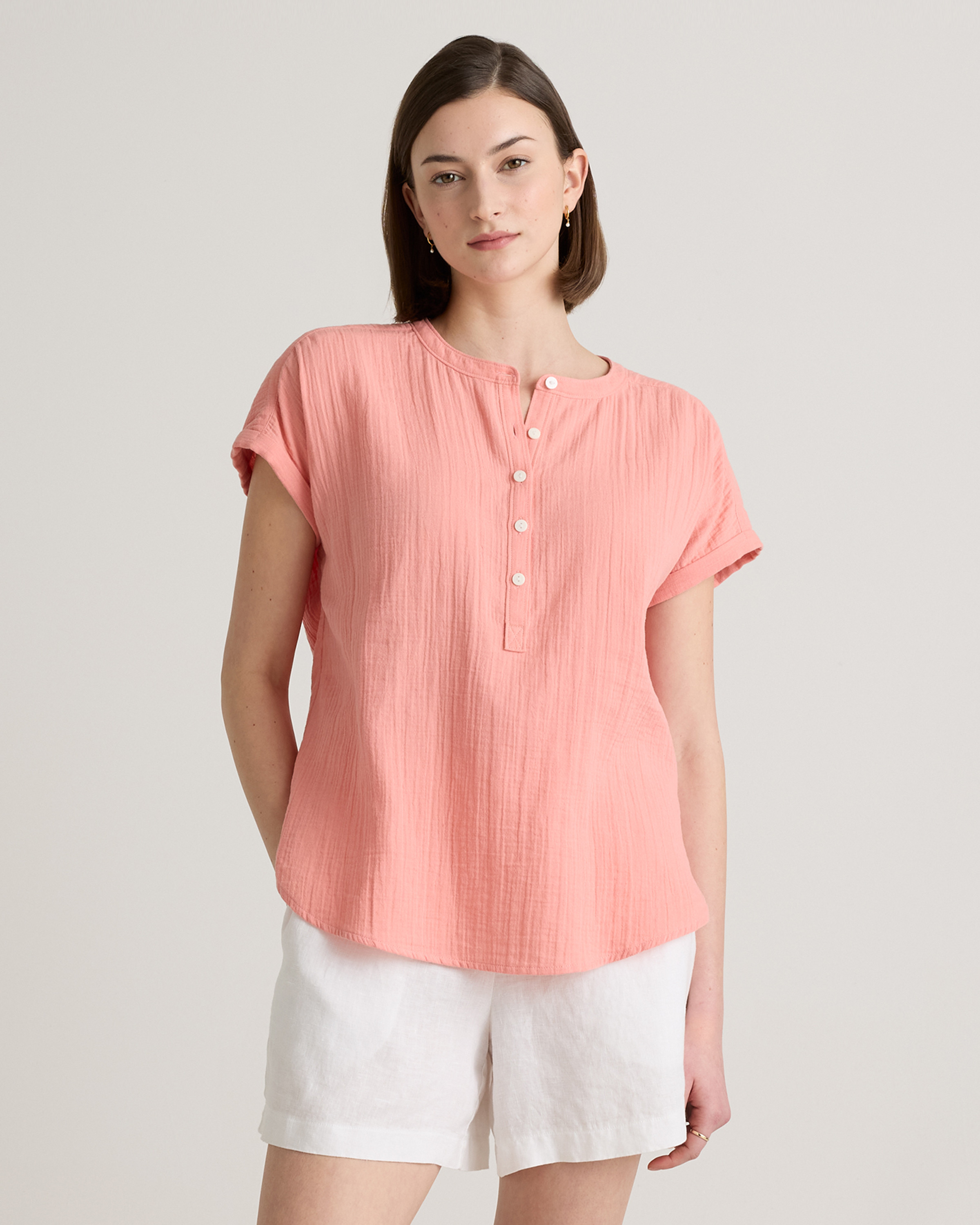 100% Organic Cotton Gauze Roll Sleeve Shirt in Wild Cherry | Quince