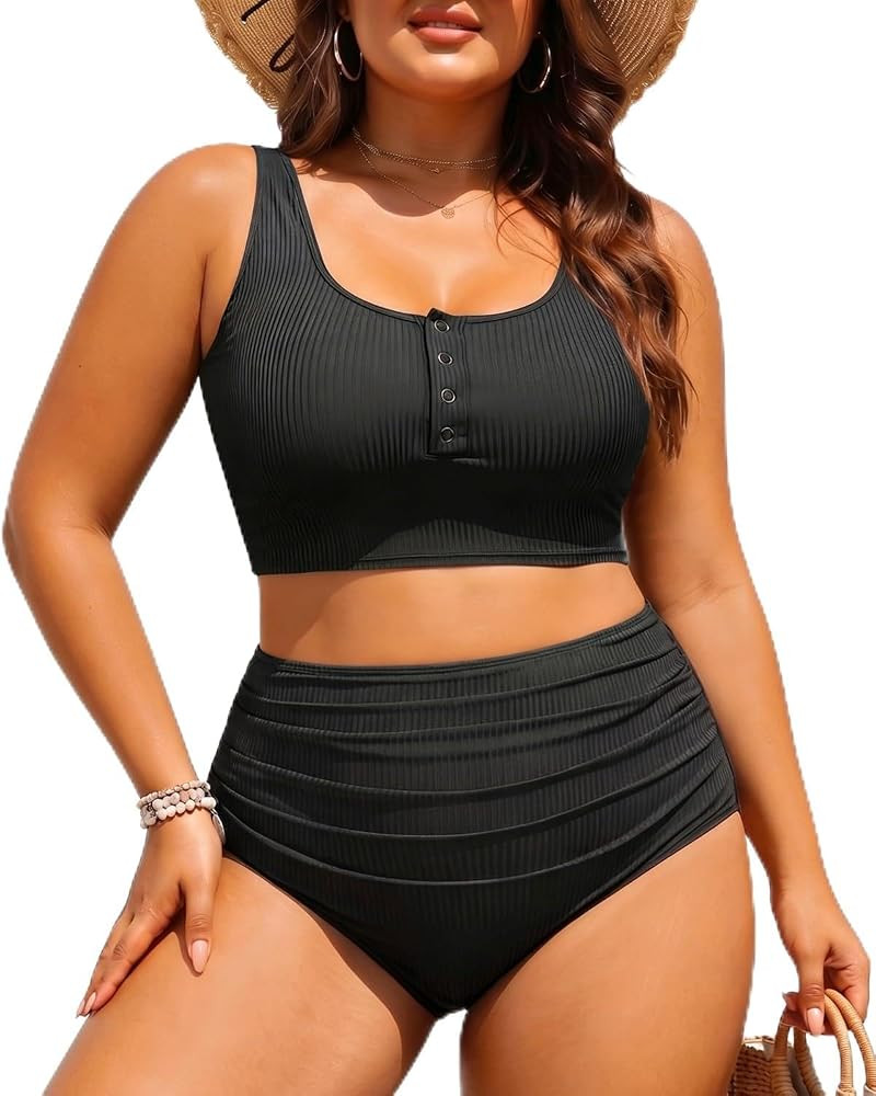 Yonique Plus Size 2 Piece Swimsuit - Womens High Waisted Bikini Tummy Control Bathing Suit Ribbed... | Amazon (US)