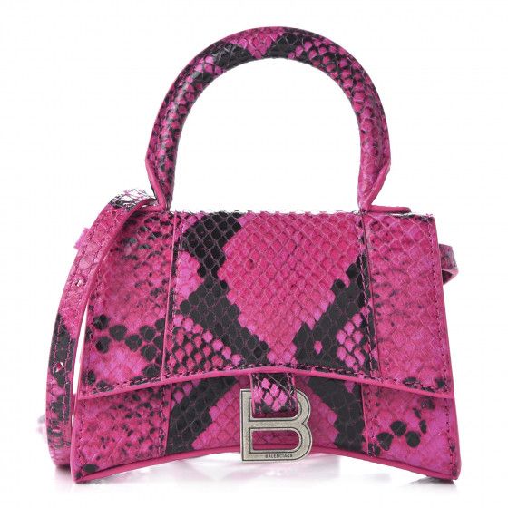 BALENCIAGA Shiny Calfskin Python Effect Hourglass Top Handle Bag Mini Acid Pink | Fashionphile