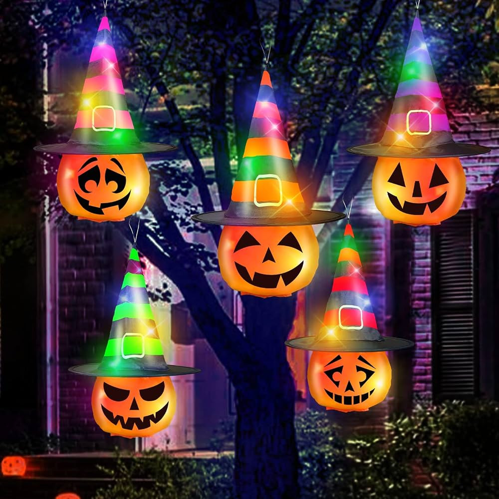 TURNMEON 5 Pcs Halloween Decorations Outdoor Hanging Lighted Pumpkin Witch Hats with Total 50 LED... | Amazon (US)
