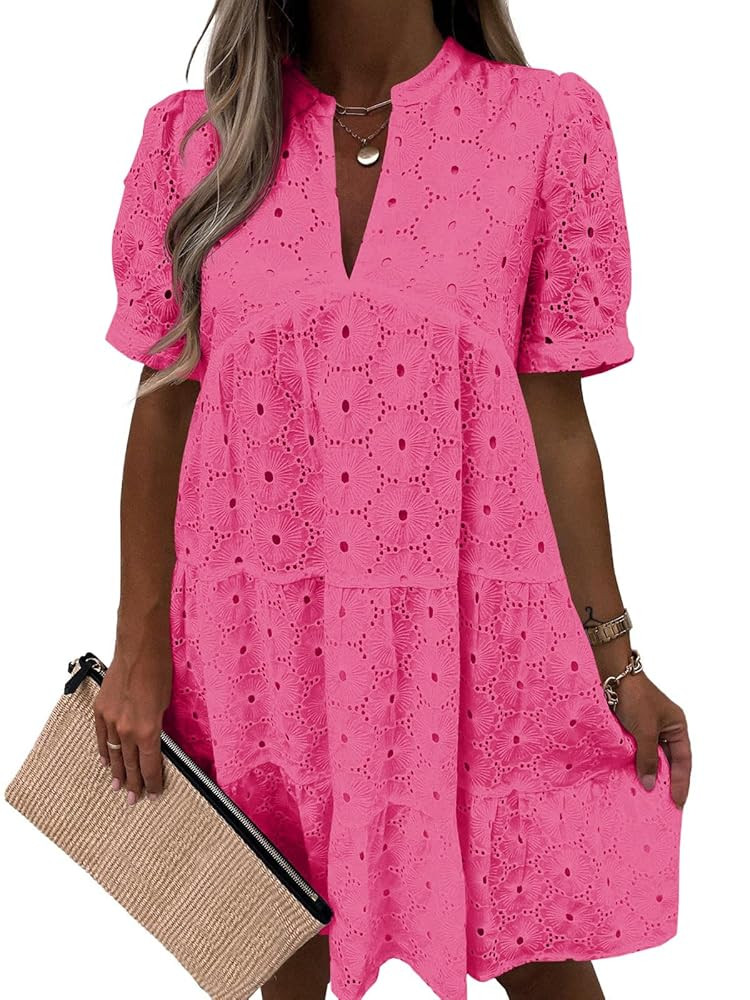 Imily Bela Womens Summer Lace Dresses Eyelet Casual Flowy Babydoll Swing Short Sleeve V Neck Tuni... | Amazon (US)