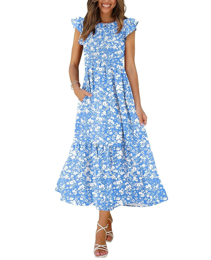 OFEEFAN Women's Casual Maxi Dresses with Pockets Ruffle Sleeve Smocked Dress XS-2XL | Amazon (US)