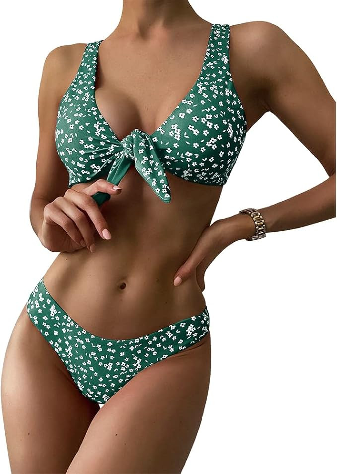 ZAFUL Womens Solid Color Strap Padded Front Knot Bikini Set | Amazon (US)