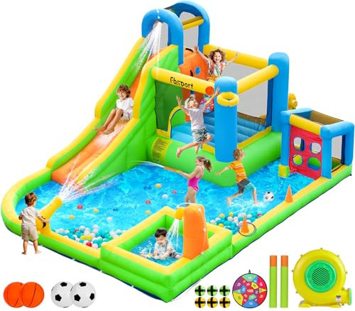 FBSPORT Inflatable Bounce House, 9 in 1 Water Slide with Blower, Bouncy House for Kids Indoor Outdoor Wet Dry Combo Water Bounce House with Football Shooting, Water Gun, Splash Pool, Bounce Area, Hose | Amazon (US)