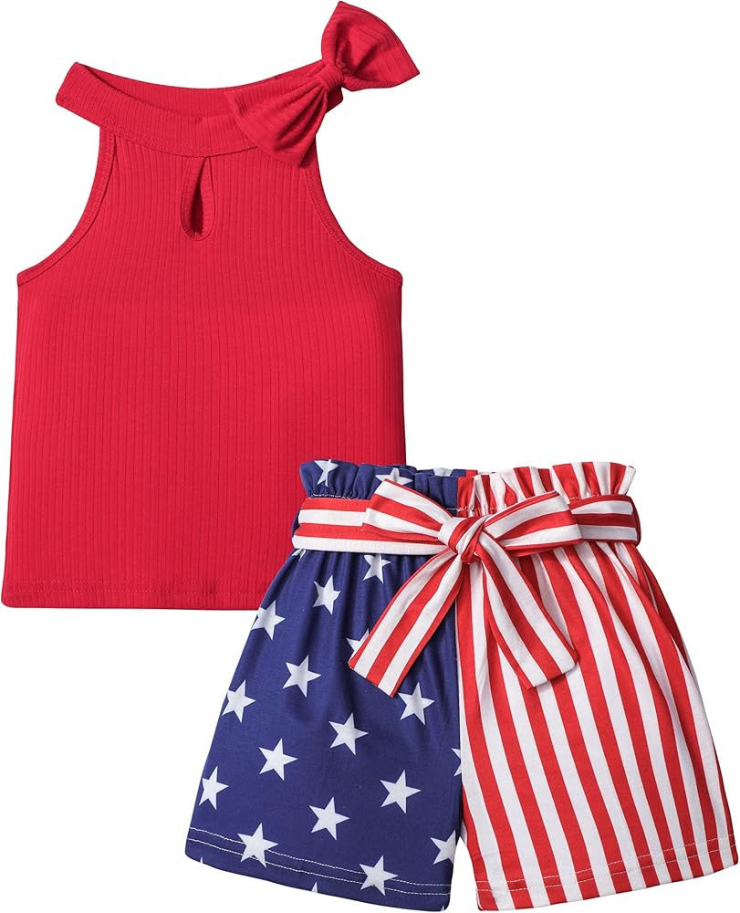 MIGU Toddler Girl Clothes Summer Silk Scarf Sets Sleeveless T-shirt Top+Stripe Shorts+Headband 3P... | Amazon (US)