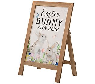 Glitzhome Easter Bunny Stops Here Standing Porc h Sign Easle | QVC