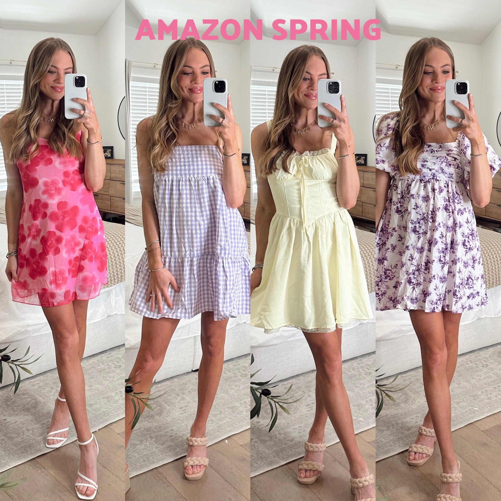 Amazon spring mini dresses cute quick ship affordable floral print pink purple butter yellow vacation vibrant 