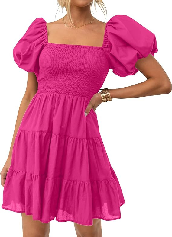 ZESICA Women's 2024 Boho Summer Square Neck Puff Sleeve Off Shoulder Smocked Tiered Casual A Line... | Amazon (US)