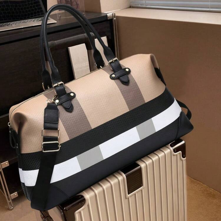 PU Leather Large Overnight Travel Bag Striped Pattern Handbag Carry-On Luggage Bag Suitable For V... | SHEIN