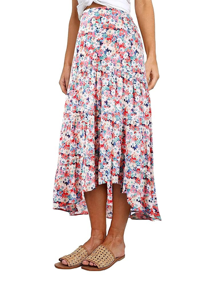 PRETTYGARDEN Women's Ditzy Floral Print Midi Skirt Boho Elastic High Waist Long Skirts for Women ... | Amazon (US)