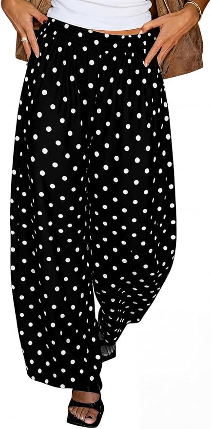 Tankaneo Womens Wide Leg Palazzo Pants Casual Barrel Baggy Pants Elastic High Waist Comfy Trouser... | Amazon (US)