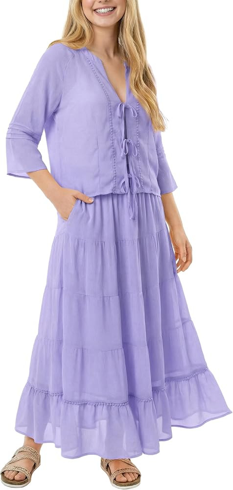 Womens 2 Piece Skirt Sets Summer Tie Front Chiffon Blouse Elastic Waist Maxi Dress Sets Vacation ... | Amazon (US)