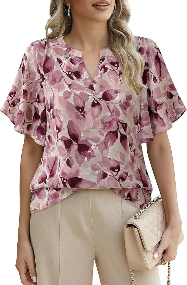 VALOLIA Womens Dressy Casual Blouses Tops Short Sleeve V Neck Floral Business Work Shirts | Amazon (US)