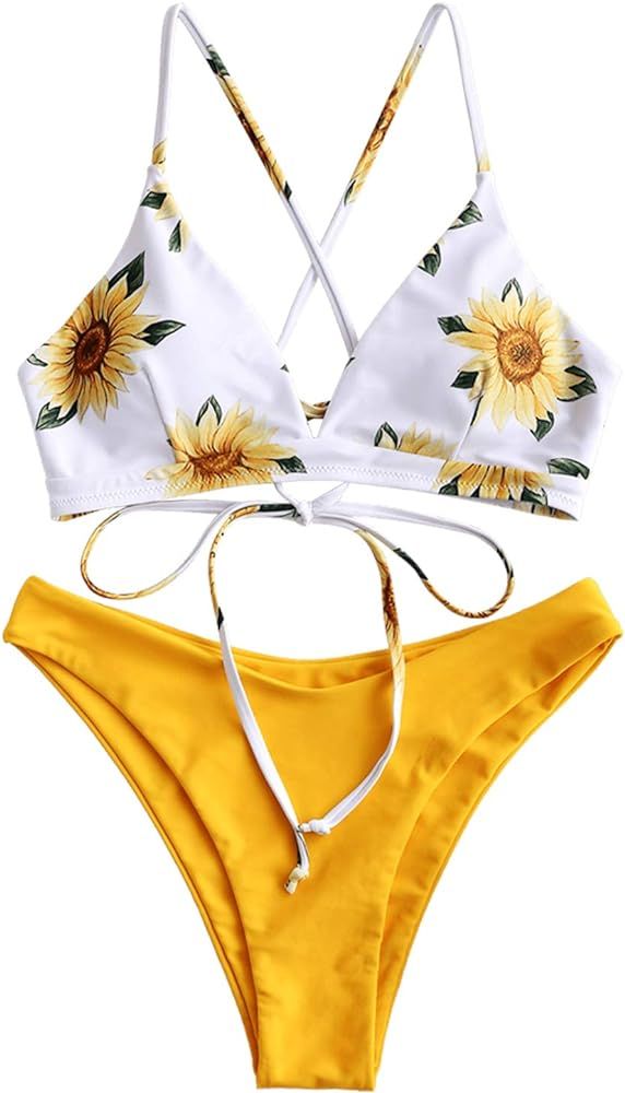ZAFUL Adjustable Crisscross Lace-up Bikini Set for Womens Floral High Cut Leg 2 Piece Cheeky Swim... | Amazon (US)