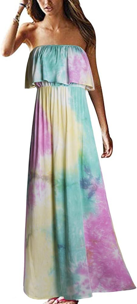 Women Summer Blue and White Porcelain Strapless Boho Maxi Long Dress | Amazon (US)
