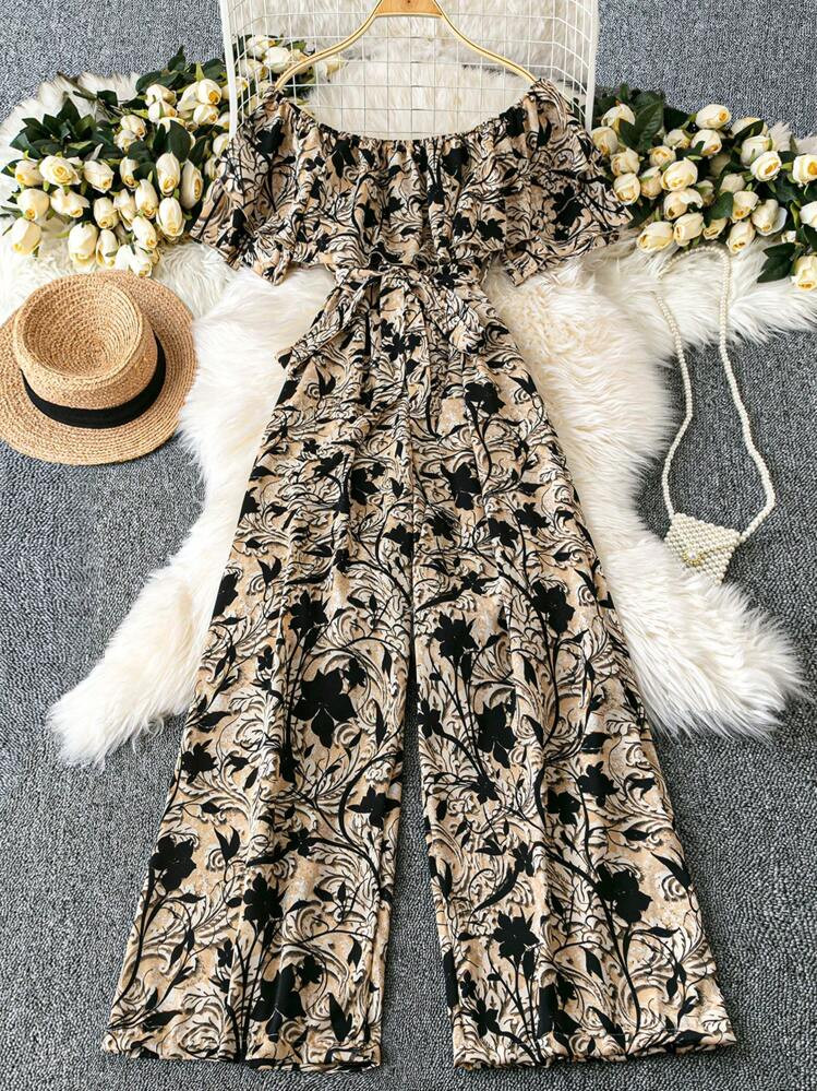 SHEIN Holidaya Plus Size Women's Off Shoulder Ruffled Cinched Waist Wide-Leg Jumpsuit, Summer | SHEIN