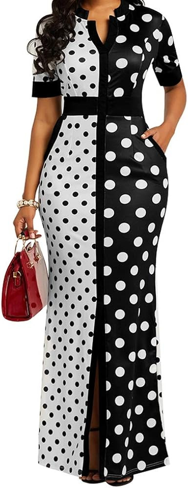 VERWIN Polka Dot Print Pocket Short Sleeve Bodycon Dress Women's Slit Maxi Dress | Amazon (US)