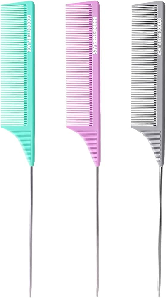 3 PCS Rat Tail Combs Parting Rattail Teasing Fine Tooth Comb with Metal Pick for Curly Hair,Detan... | Amazon (US)