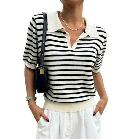 Casual Striped Collar Elbow-Length Black and White Women Knit Tops (Women s) | Walmart (US)