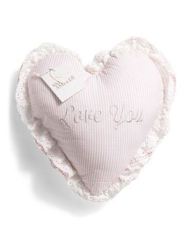 18x18 Embroidered Love You Striped Heart Shaped Pillow With Lace Trim | Polyester/Cotton | Marshalls