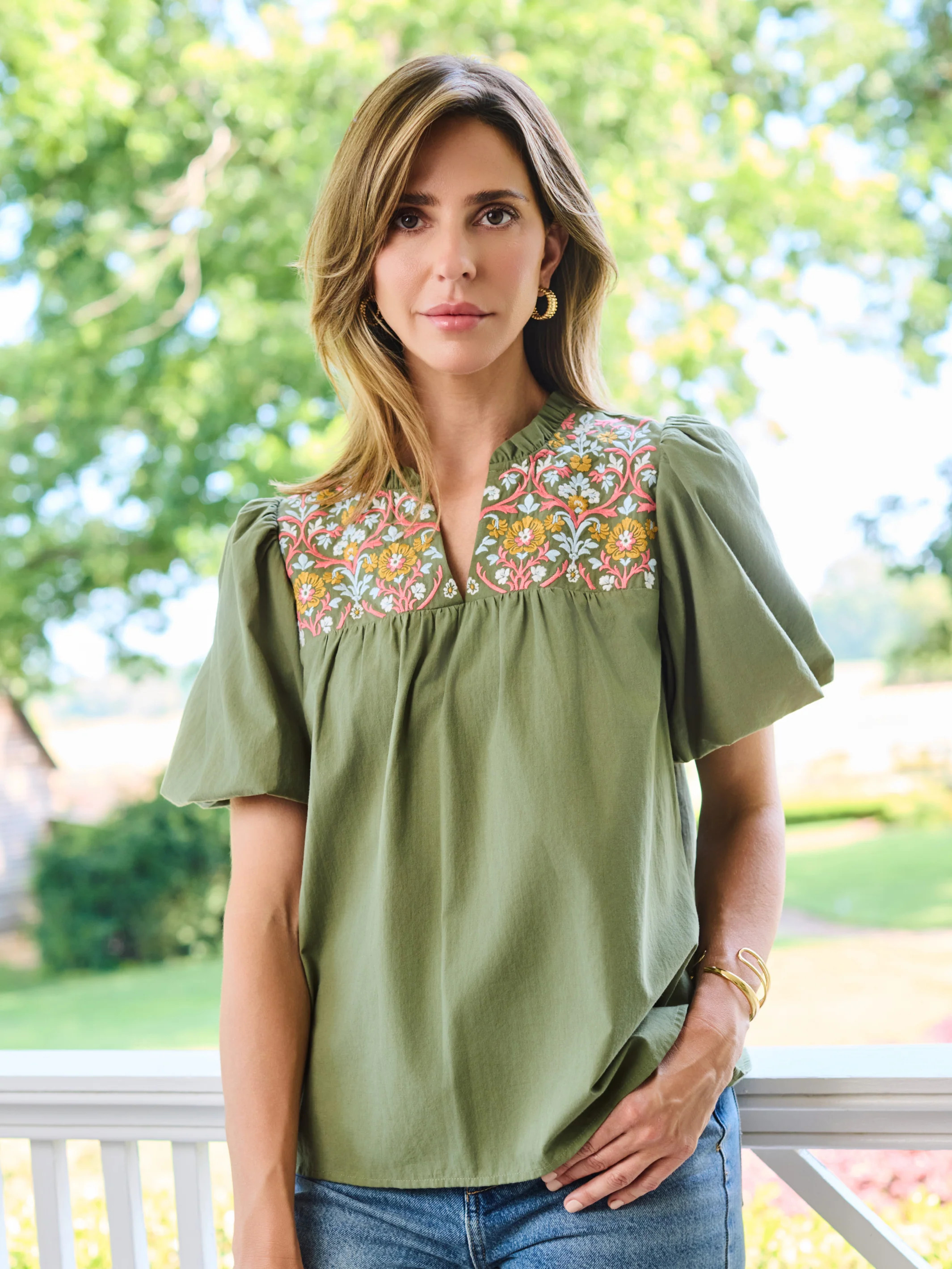 Makayla Embroidered Top | Olive | Mary Square