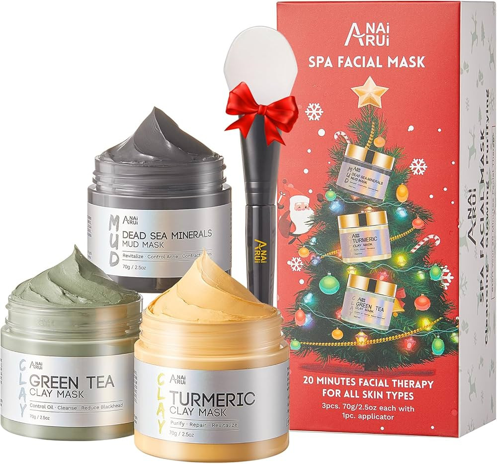 ANAI RUI Christmas Face Mask Gift Set, Turmeric Clay Mask - Green Tea Clay Mask - Dead Sea Minera... | Amazon (US)