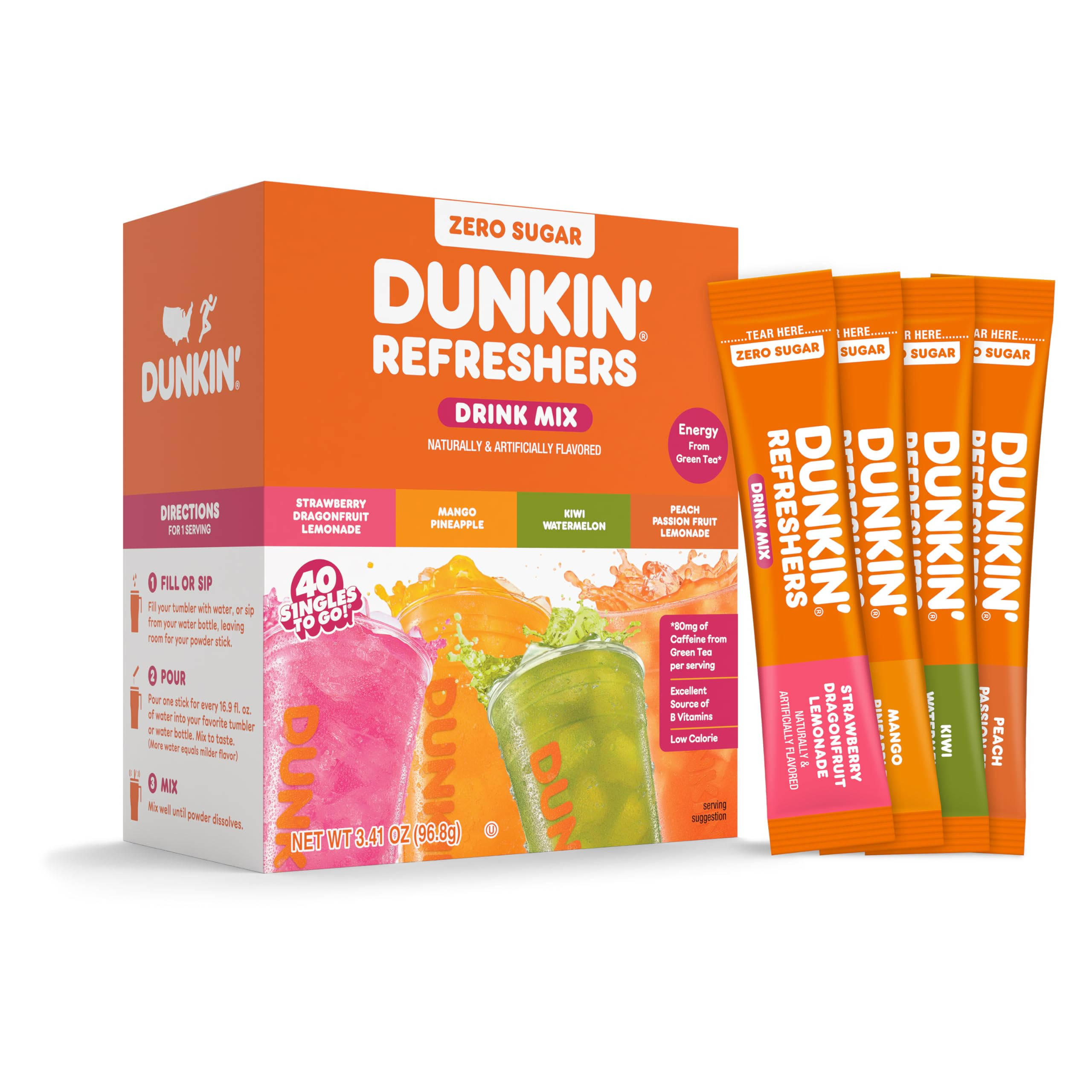 Dunkin’ Zero Sugar Refreshers Singles To Go! Powdered drink mix packets, 40 Ct Variety Pack, 40... | Amazon (US)
