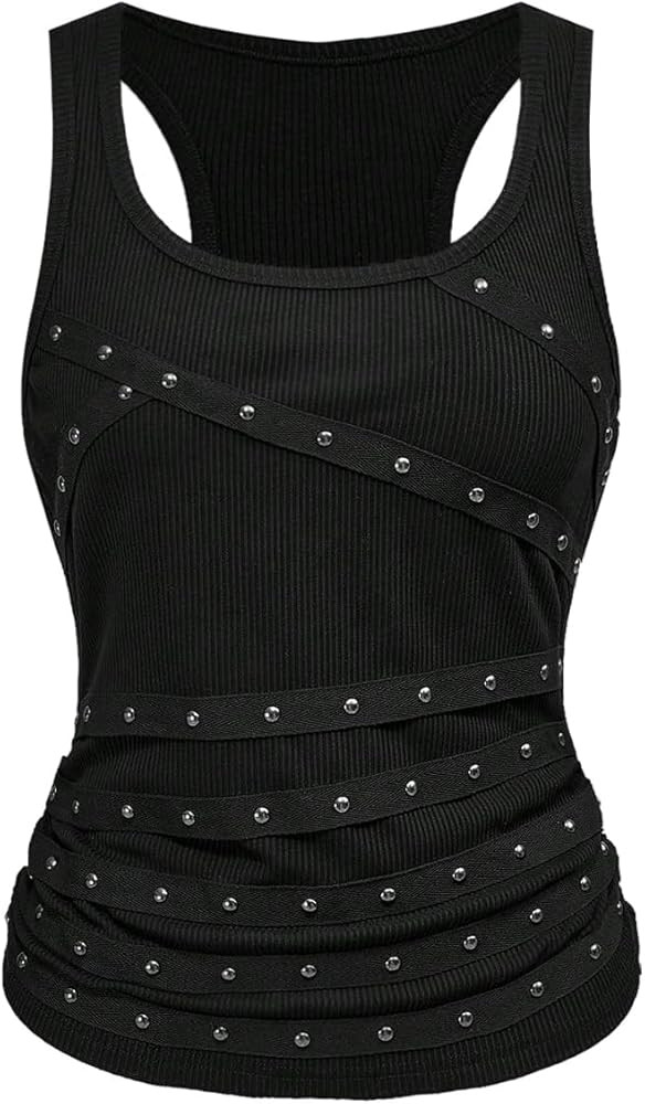 SOLY HUX Camiseta sin mangas para mujer, estilo punk, con tachuelas, fruncida, cuello redondo, aj... | Amazon (US)