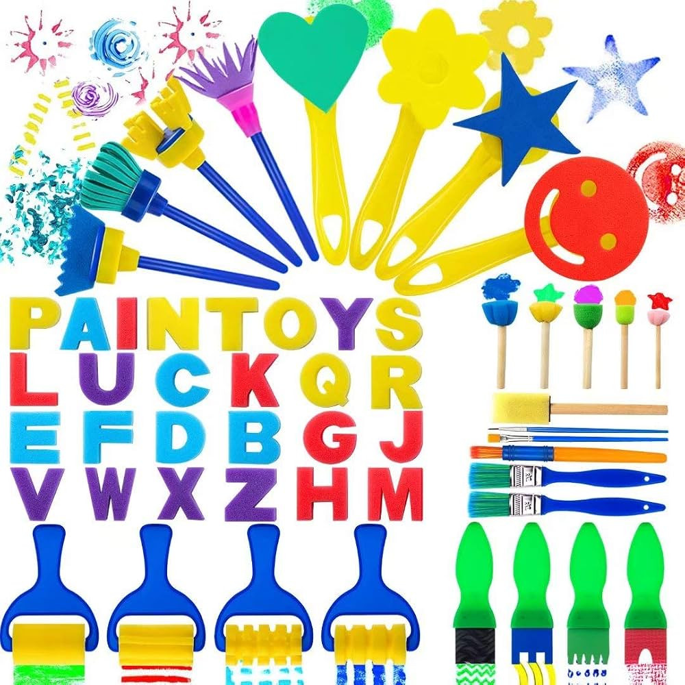 53Pcs Painting Brushes for Kids, Kids Paint Sponges, Washable Paint Brushes Set for Toddler Kids ... | Amazon (US)