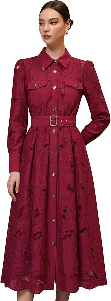 CHICWISH Women Floral Leaf Cutwork Embroidered Belted Shirt Dress | Amazon (US)