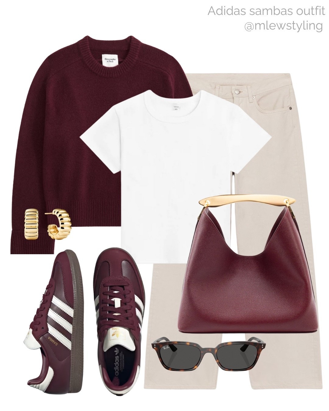 Autumn outfit with burgundy 🥀

Tags: Abercrombie crewneck sweater, leset white t-shirt, Arket denim, cream coloured jeans, rayban tortoiseshell sunglasses L, burgundy adidas samba sneakers, Elleme burgundy bag, Mejuri gold hoop earrings, fall fashion 

#LTKItBag #LTKStyleTip #LTKShoeCrush