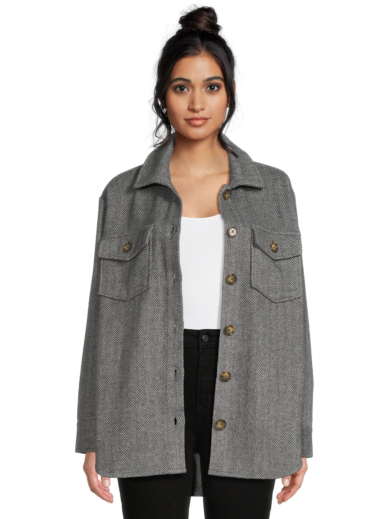 Time and Tru Women's Brushed Herringbone Shacket, Sizes XS -XXXL | Walmart (US)