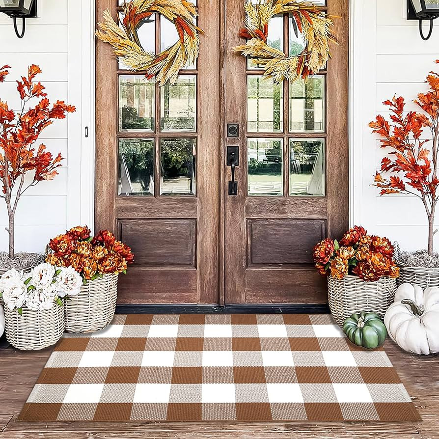 Homydecor Buffalo Plaid Outdoor Rugs, 28'' x 43'' Coffe and White Checkered Area Rug, Layering Ru... | Amazon (US)