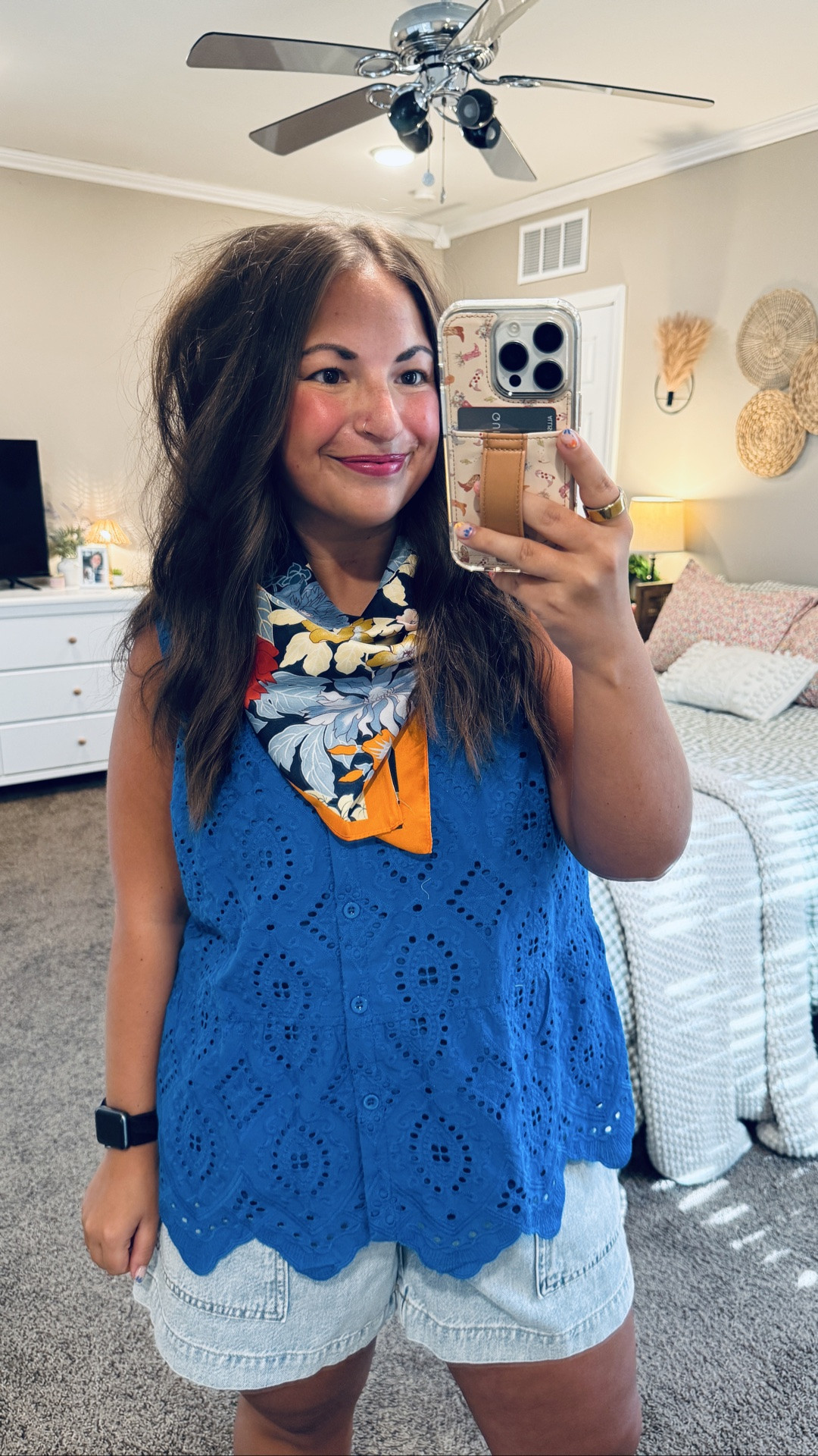 a top you'll wear now AND later 💙✨ paired this one with light wash shorts, jelly flats, & a scarf tied around my neck for the cutest summer outfit ☀️ I sized up, but definitely didn't need to—I'd recommend sticking with your normal size! 

 #amazonfinds #summerstyle #eyelettop #casualfashion #teacherstyle #falltransitionstyle #LTKootd #LTKSeasonal #LTKMidsize