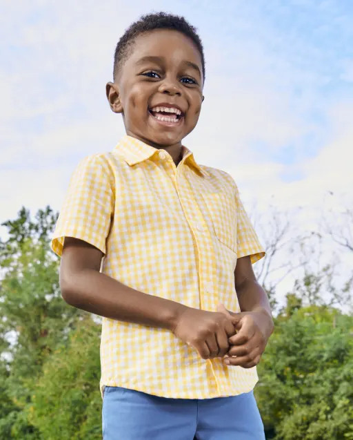 Baby And Toddler Boys Gingham Poplin Button Down Shirt - banana pudding | The Children's Place