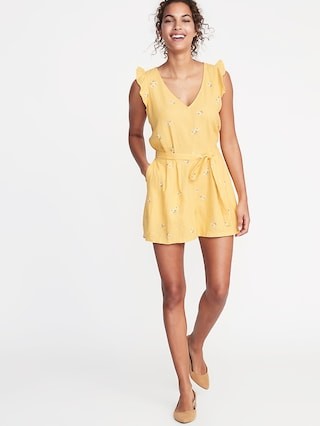 Linen-Blend Flutter-Sleeve Tie-Belt Romper for Women | Old Navy US