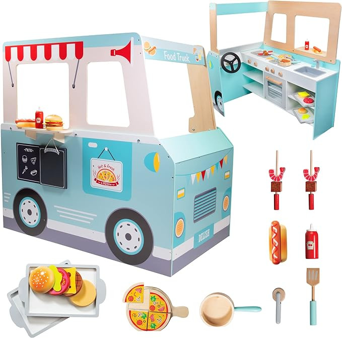 Food Truck Wooden Playset, 20 Fun Toy Pieces Including Cook Top, Steering Wheel, Sticker Sheet fo... | Amazon (US)
